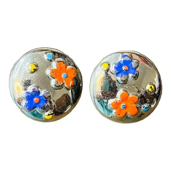 Painted Silver Floral Circle Button Earrings Vintage‎ Orange Yellow Blue Posts - Picture 1 of 5